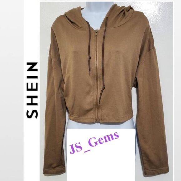 Large Tan Cropped Long Sleeve Hoodie Zip Up Top - Picture 1 of 11